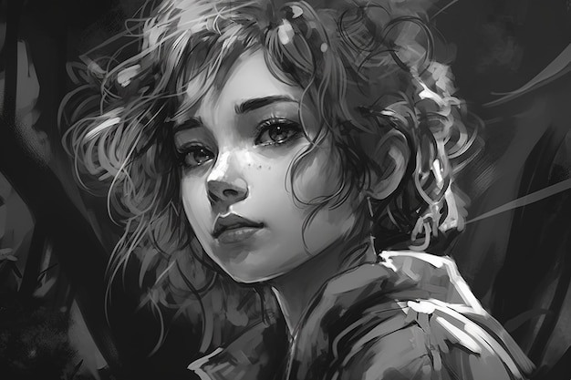 Black and white manga girl illustration generative ai