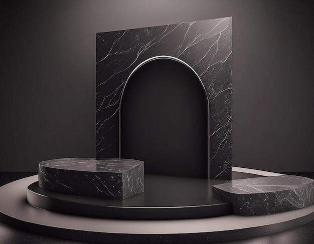 a black and white marble fireplace with a black background