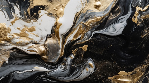 A black and white marble painting with gold paint on it