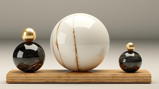 Black and white marble pedestal steps with gold balls and three cylindrical platforms are shown alo