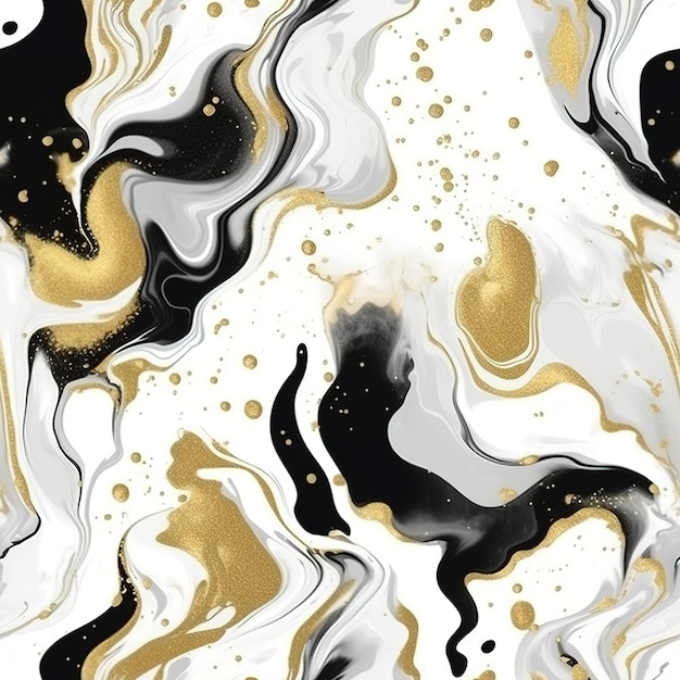 A black and white marble texture with gold and black paint drops.