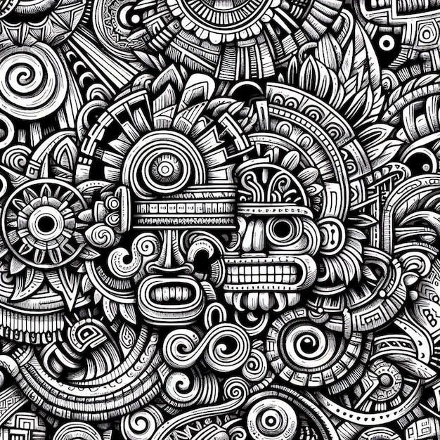 Black and white mayan doodle pattern