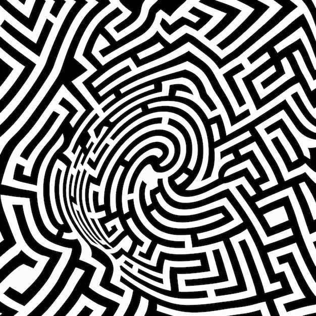 black and white maze with a spiral in the center