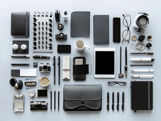 Photo black and white minimalist flat lay of office supplies and gadgets illustration