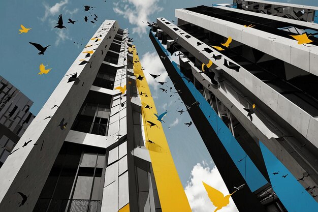 Photo black and white modern building with yellow abstract elements blue sky design and flying birds