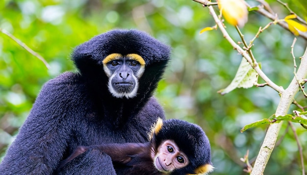 A black and white monkey with a baby