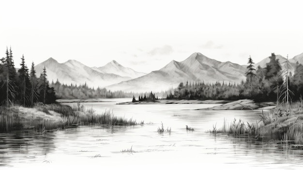 Black And White Mountain Lake Illustration With Super High Detail