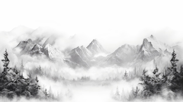 Black And White Mountains And Fog Landscape Illustration