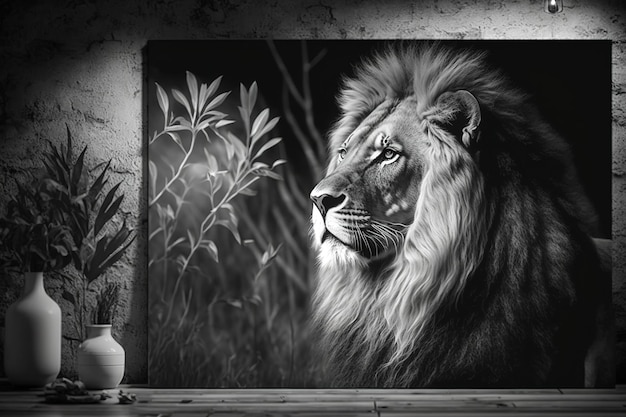 Black and white nature image of a lion that would look great on a poster or canvas