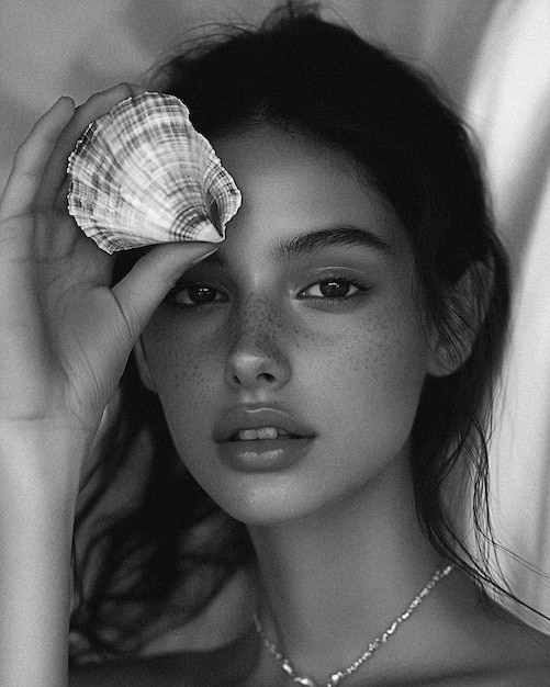 Black and White Ocean Beauty Model Holds a Large Sea Shell to Her Face for Brand Campaign