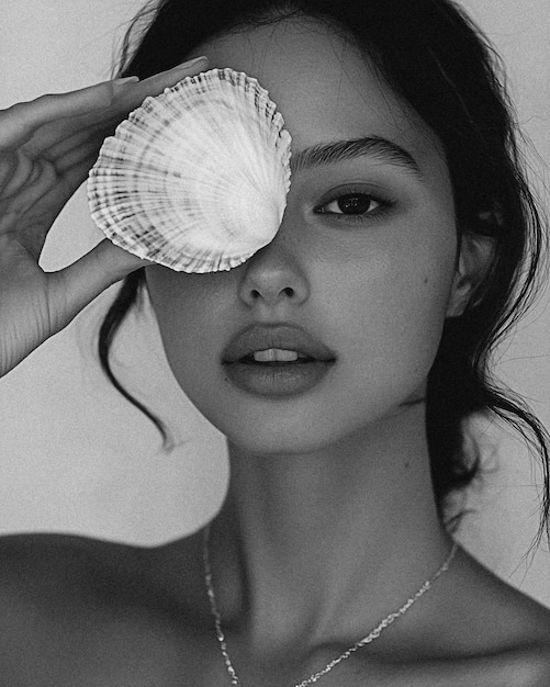 Black and White Ocean Beauty Model Holds a Large Sea Shell to Her Face for Brand Campaign