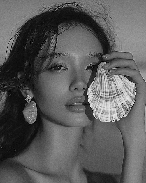 Black and White Ocean Beauty Model Holds a Large Sea Shell to Her Face for Brand Campaign