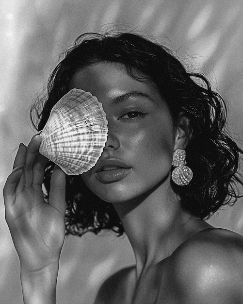 Black and White Ocean Beauty Model Holds a Large Sea Shell to Her Face for Brand Campaign