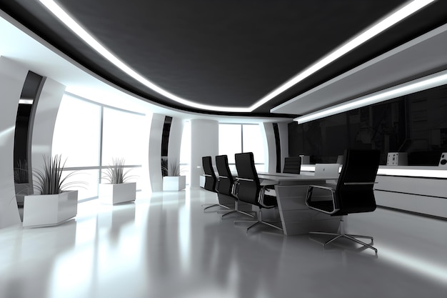 A black and white office with a large window and a table with chairs in it.