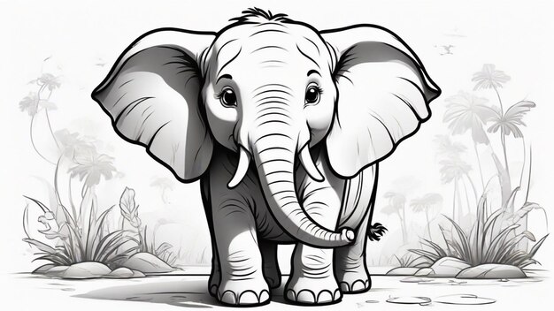 black and white outline art for kids elephant coloring book page