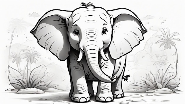 black and white outline art for kids elephant coloring book page