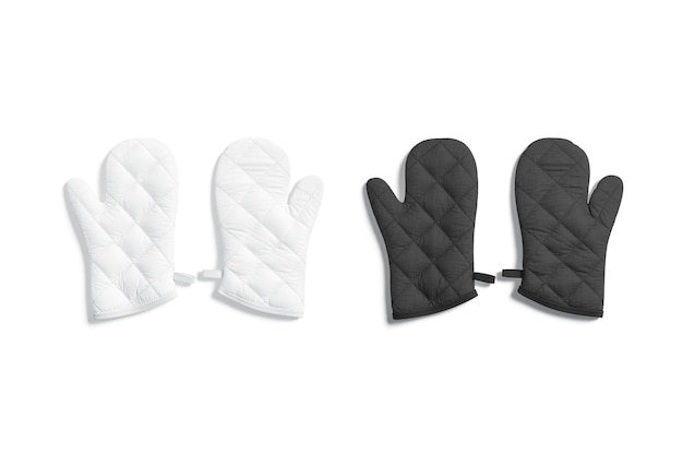 Black and white oven mitt mockup pair. Empty fabric mitt for hand safety mock up.