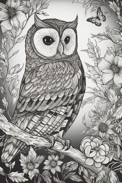 Black and white owl in a flowery frame