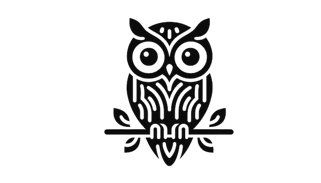 Photo black and white owl illustration with bold geometric shapes perched on a branch featuring halloween large expressive eyes and a minimalist design on a white background