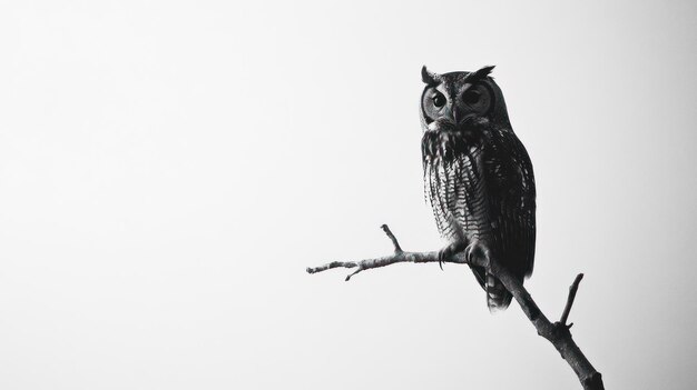 Photo a black and white owl perched on a branch against a white background