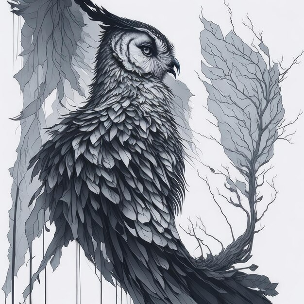 A black and white owl with a wing on its head is painted on a white background.