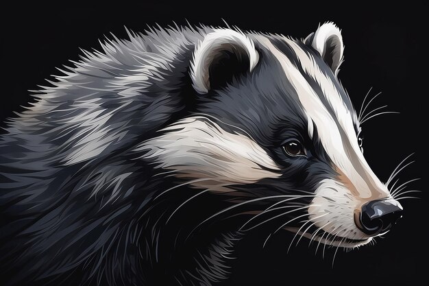 Photo a black and white painted badger with a white stripe on its face