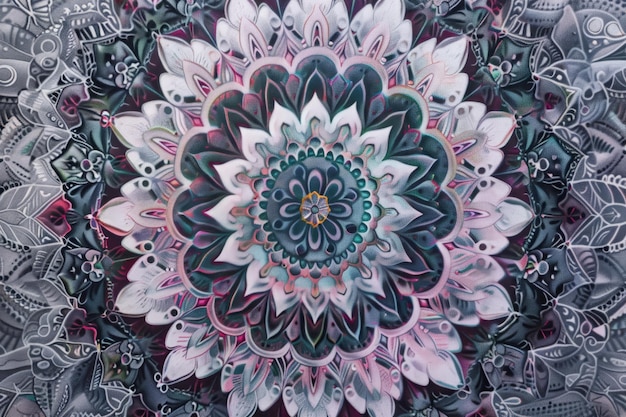 Black and white painting featuring intricate mandala patterns with a flower in the middle Intricate mandala patterns in soothing pastel hues