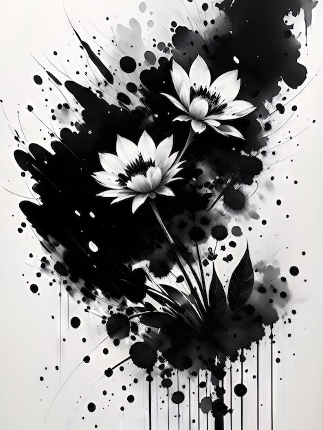 A black and white painting of flowers with the words love on it