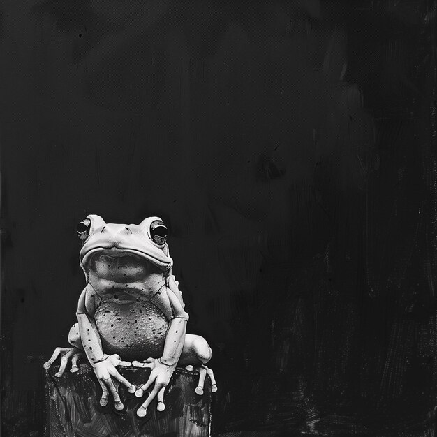 Photo a black and white painting of a frog with a black background