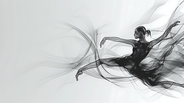 Black and white painting of a graceful female ballet dancer with smoky flowing hair and dress leaping through the air on a white background