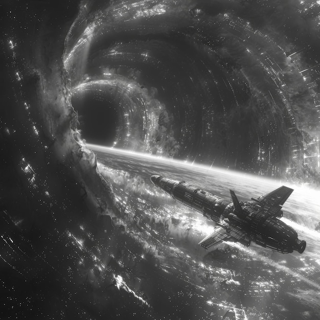 Photo a black and white painting of a jet flying through a space