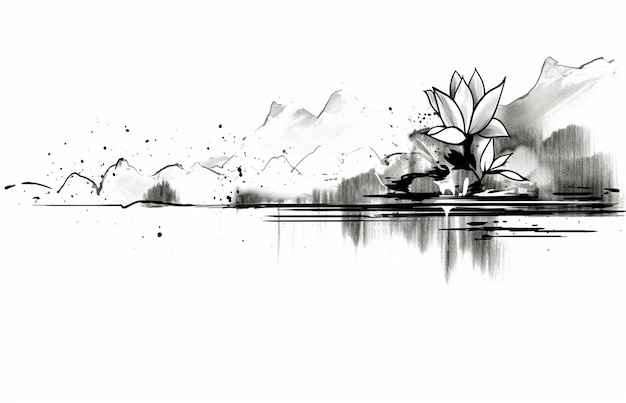 Photo a black and white painting of a lake with a reflection of a tree