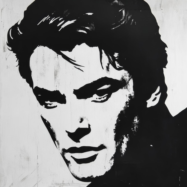 A black and white painting of a man with a dark hair