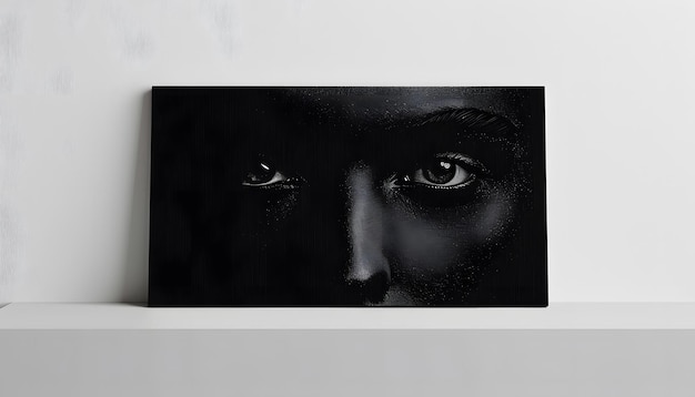 a black and white painting of a mans face with a black background