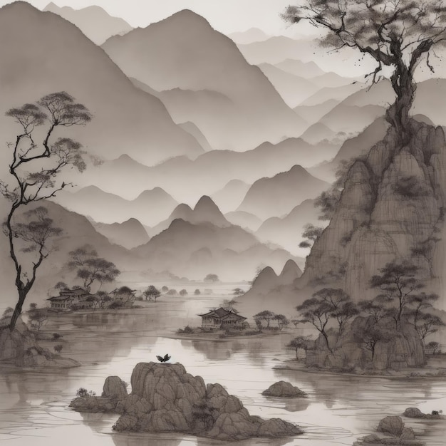 A black and white painting of a mountain landscape with a bird on top of it.