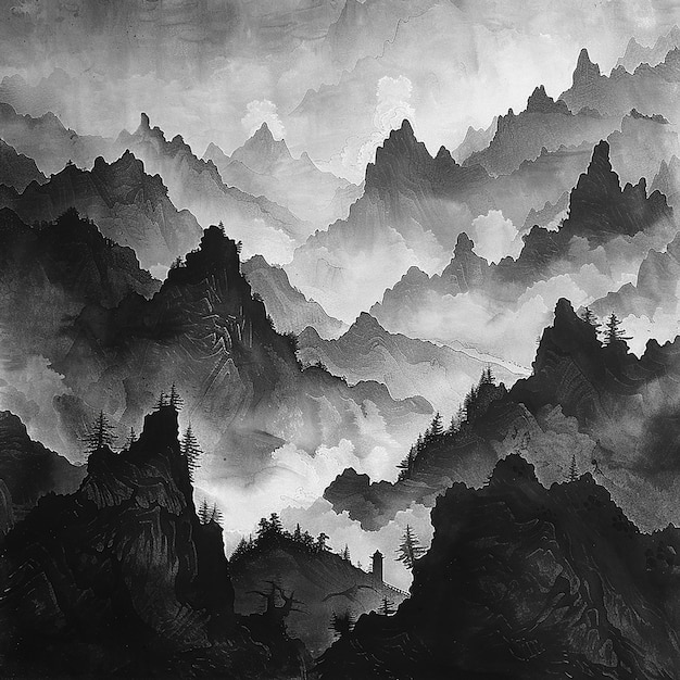 a black and white painting of a mountain range