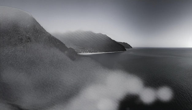 a black and white painting of a mountain with a view of the ocean