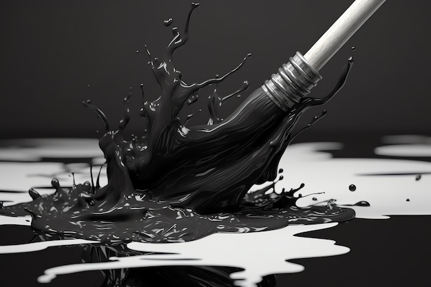 A black and white painting of a paintbrush and splashes