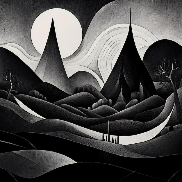 a black and white painting of a sailboat and mountains