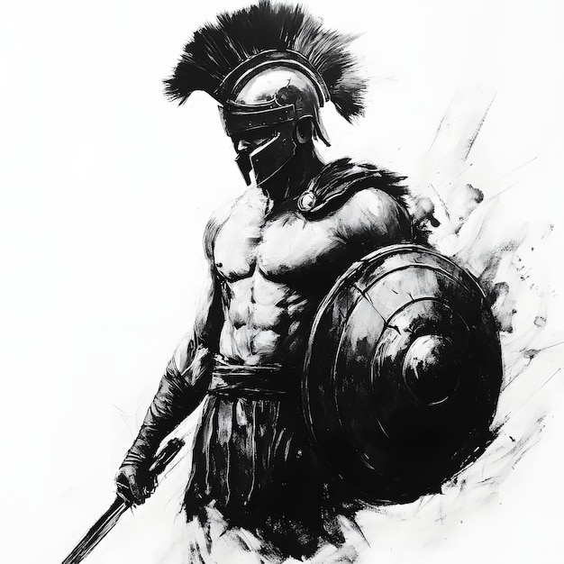 Photo black and white painting of a warrior in a helmet holding a sword and shield