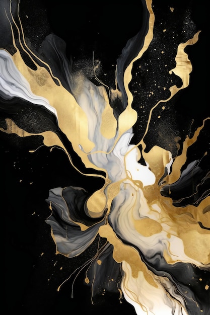 A black and white painting with gold and white paint.