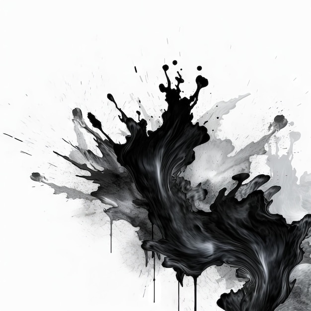 A black and white painting with a white background and a black and white paint splashing.