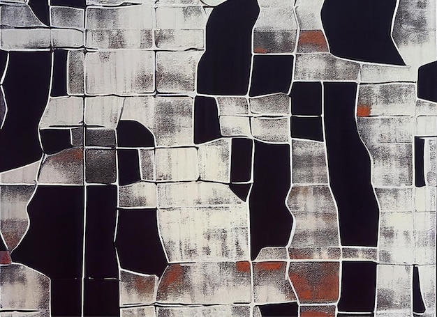 A black and white painting with white squares and black and white on the bottom.