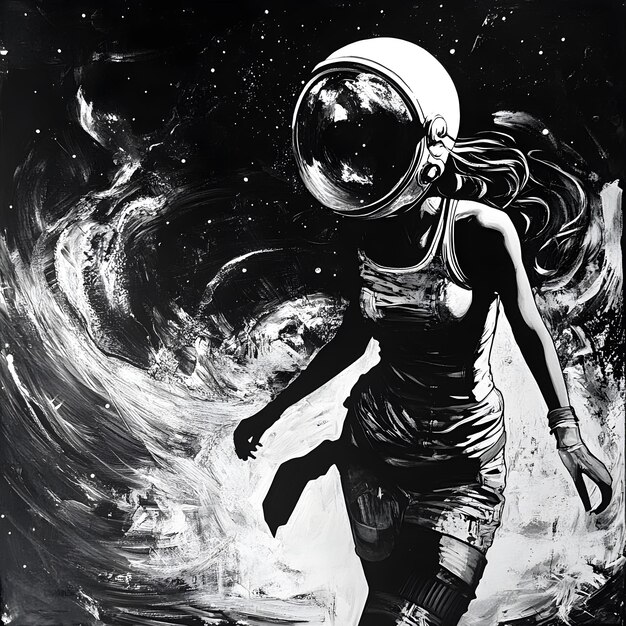 Photo a black and white painting of a woman with a helmet on her head and a water spray in the background