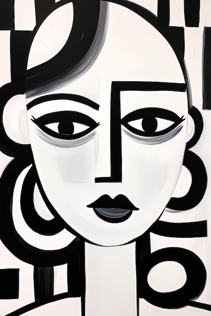 a black and white painting of a womans face with a black and white face