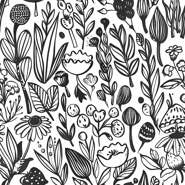 a black and white pattern with flowers and butterflies