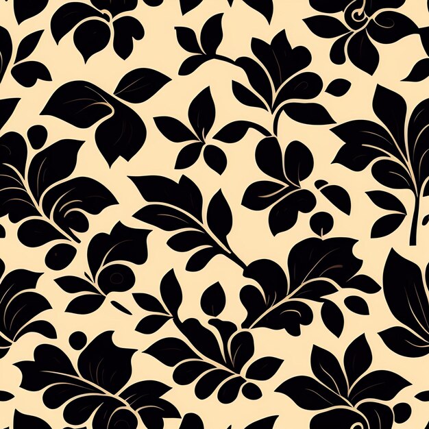 A black and white pattern with flowers and leaves.