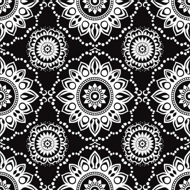 a black and white pattern with a white flower