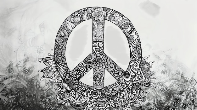 A black and white peace symbol with a detailed intricate design