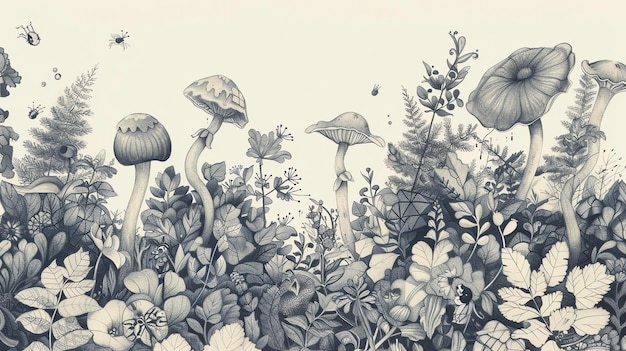 Photo a black and white pencil drawing of a variety of mushrooms in a forest setting